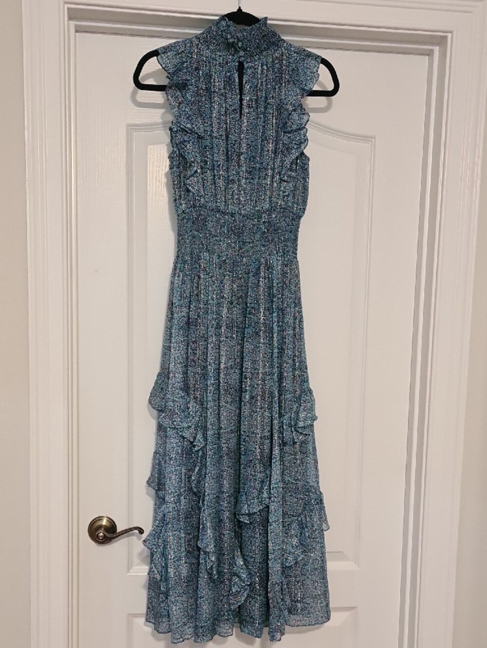 Rebecca Taylor - Teal Metallic Floral Ruffle Maxi Dress - Picture 2 of 7